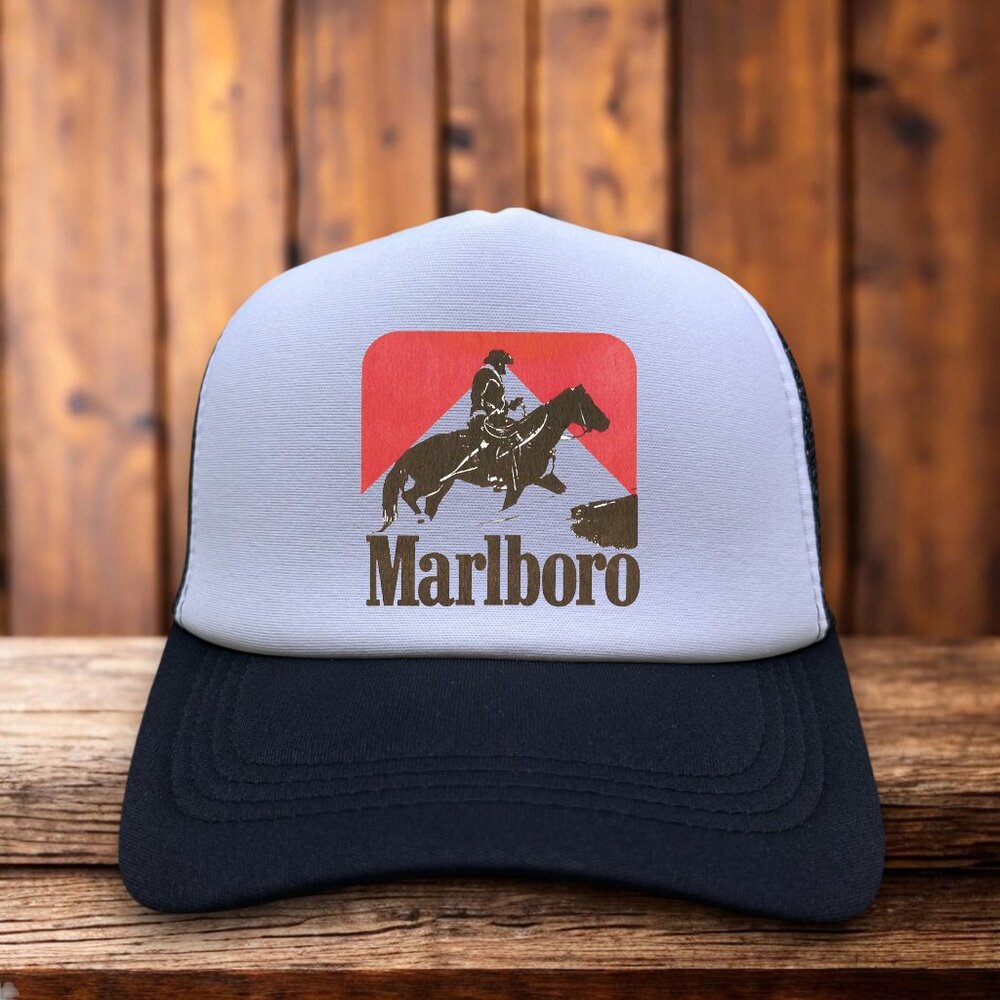 Marlboro Mens Trucker Hat Black Snapback Cowboy Cigarettes Vintage Logo Ball Cap